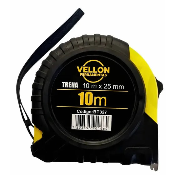 Trena Profissional 10 Metros 25mm Emborrachada Com Trava Manual Reforçada Fita Métrica 10M Retrátil Medição Fita De Aço Vellon Cor Amarelo