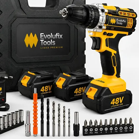 Parafusadeira Furadeira Sem Fio Profissional 2 Baterias Recarregavel 48v Bivolt + Maleta Com Acessórios Kit Completo Led Eixo Flexível Velocidade ajustável com Travas Mandril Resistente EvolufixTools