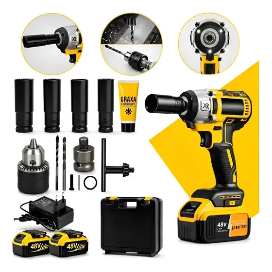 Chave De Impacto Com 2 Baterias Furadeira Parafusadeira Profissional Mandril 1,2 Quadrado Torque 520 Nm 0-4000 Rpm Velocidade Variável Carregador Bivolt Motor Sem Escova E Acessórios CNC DO BRASIL