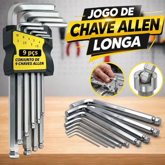Kit Jogo Chave Allen Hexagonal L Longa 9 Peças 1,5 A 10 Mm Uso Profissional E Doméstico Kit Completo