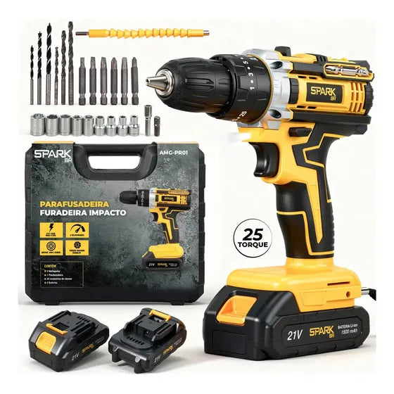 Parafusadeira Furadeira Sparkbr 2 Baterias 21v + Maleta Com Acessórios Kit Completo Led Eixo Flexível 2 Níveis Velocidade Torque