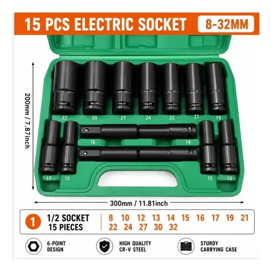 Jogo Soquete Longo Sextavado Impacto 1/2 8 A 32 Mm 15pcs Alta Resistencia
