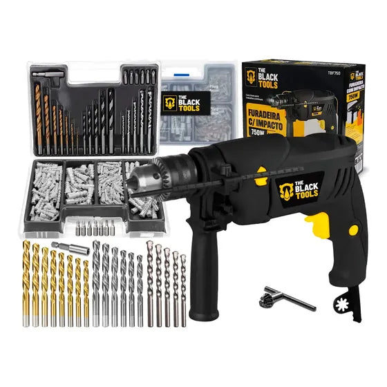 Furadeira De Impacto 13mm 750w Profissional Com Kit Brocas Buchas E Bits 300 Peças The Black Tools