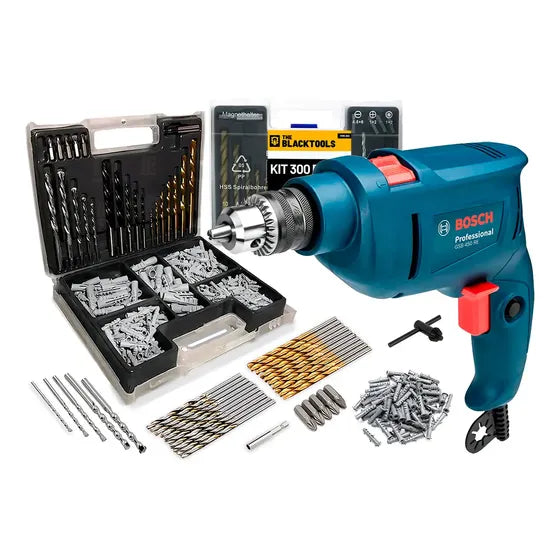 Furadeira de Impacto Bosch 450W 10mm GSB 450 RE com Jogo de Brocas Bits 300 Peças