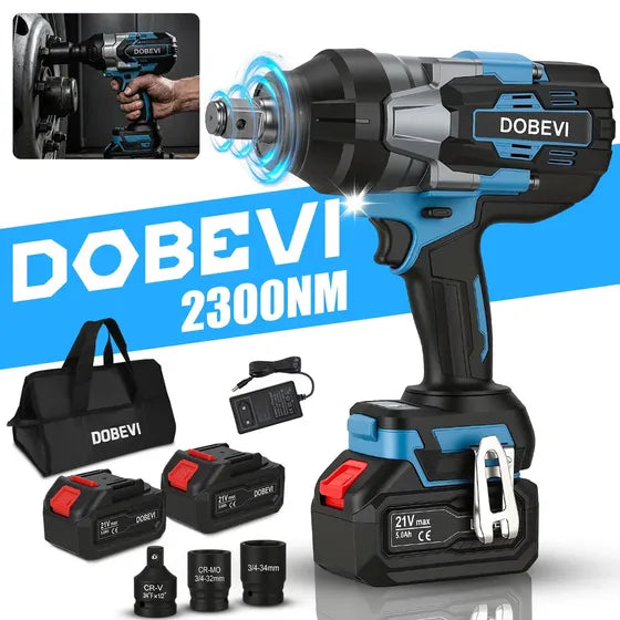 Chave de Impacto Dobevi Sem Fio 2300 Nm com 2 Baterias e Encaixe 3/4" Para Oficina