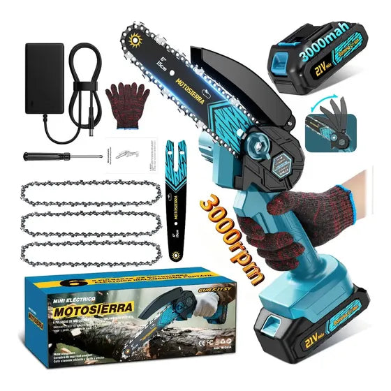 Moto Serra A Bateria 6 polegadas 1200 W Bivolt e 3000 RPM VURYZ Motosserra elétrica portátil com bateria recarregável 3000 mAh para poda de galhos, gramados, projetos de bricolagem, etc., com proteção
