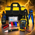 Kit Ferramentas Eletricista Profissional Completo Bolsa Reforçada 1200 Terminais Ilhós Alicate Crimpador Desencapador Amperímetro Multímetro Digital Caneta Detectora Tensão Maleta Organizadora