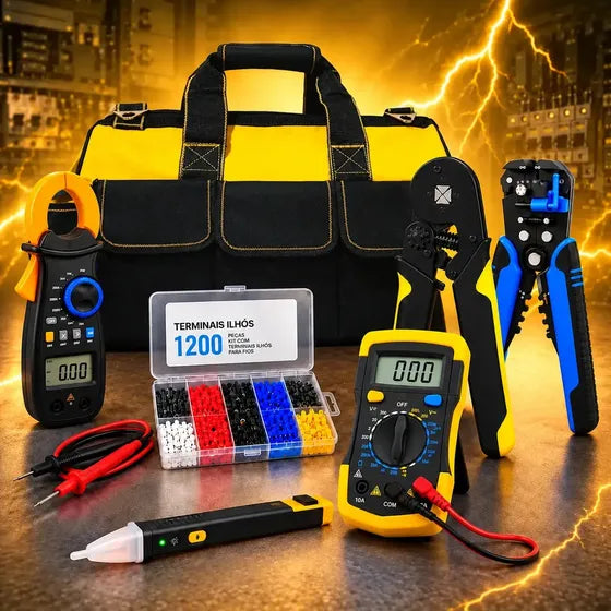 Kit Ferramentas Eletricista Profissional Completo Bolsa Reforçada 1200 Terminais Ilhós Alicate Crimpador Desencapador Amperímetro Multímetro Digital Caneta Detectora Tensão Maleta Organizadora