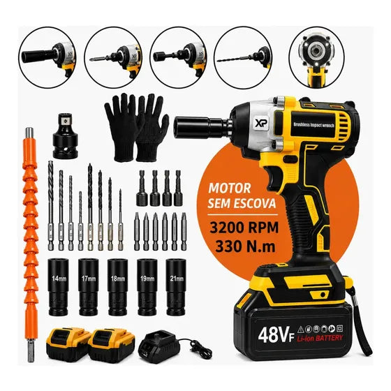 Chave De Impacto Com 2 Baterias Furadeira Parafusadeira Profissional Torque 330 Nm 0-3200 Rpm Velocidade Variável Carregador Bivolt Motor Brushless Com Acessórios E Maleta CNC DO BRASIL