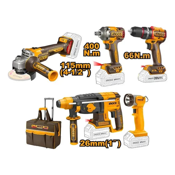 Super Combo 5 Em 1 Ferramentas Ingco Bateria 20v Brushless
