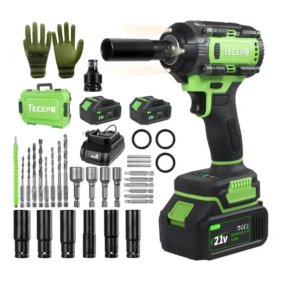 Chave De Impacto 400n.m Sem Escova Tecepo Com 2 Baterias 4ah Verde-limão 60hz