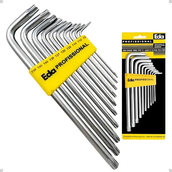 Jogo Chave Torx Tipo L 10 Peças T9 a T50 Aço Carbono Eda