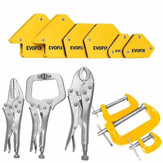 Kit Soldagem Completo: 6 Esquadros Magnetico De Aço + 3 Alicates De Pressão 6,5 E 7 + 3 Grampo Sargento 1 2 E 3 Polegadas Suporte Soldador