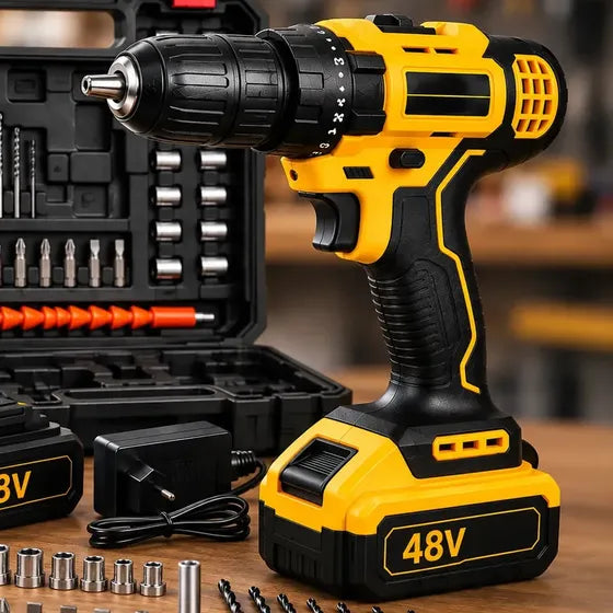 Parafusadeira Furadeira Impacto Sem Fio 2 Baterias 48V Profissional Bivolt Maleta Kit Completo Acessórios LED Eixo Flexível Torque Ajustável Velocidade Variável Reversível Mandril 10mm Brocas Hardline