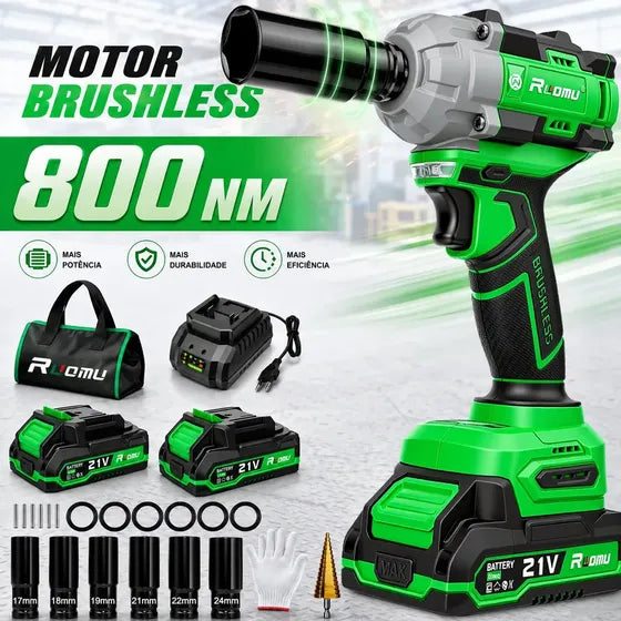Chave de Impacto a Bateria 800Nm Brushless com 2 Baterias