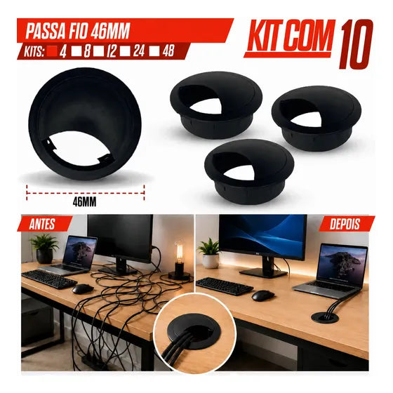 Kit 10 Peças Acabamento Passa Fio Mesa Computador 46mm Preto